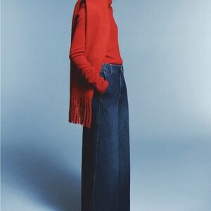 Red Turtleneck Sweater and Blue Wide-Leg Jeans